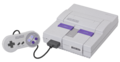 Super Nintendo Entertainment System ("POWER", "RESET", "EJECT", "ON", "OFF") and its controller ("A", "B", "X", "Y", "L", "R", "START", "SELECT")