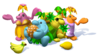 Artwork of a group of Piantas in Super Mario Sunshine, all with some fruit.