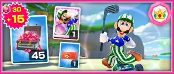 The Luigi (Golf) Pack from the May 2022 Peach vs. Bowser Tour in Mario Kart Tour