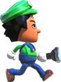 A Mii dressed as Luigi walking