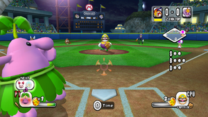 A Red Pianta prepares to bat in Mario Super Sluggers.