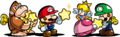 Mini DK, Mini Mario, Mini Peach, and Mini Luigi