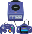 Nintendo GameCube ("POWER", "RESET", "OPEN", "SLOT-A", "SLOT-B") and its controller ("A", "B", "X", "Y", "L", "R", "Z", "START/PAUSE", "C")