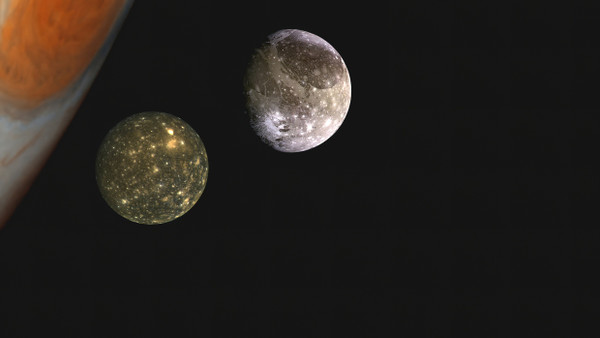 Jupiter, Io, Europa, und Ganymed, aufgenommen 1996 von der Galileo-Sonde, Kallisto 1979 von Voyager 2