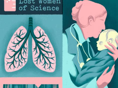 Graphic of lungs, a woman kissing a baby and a chromosome 