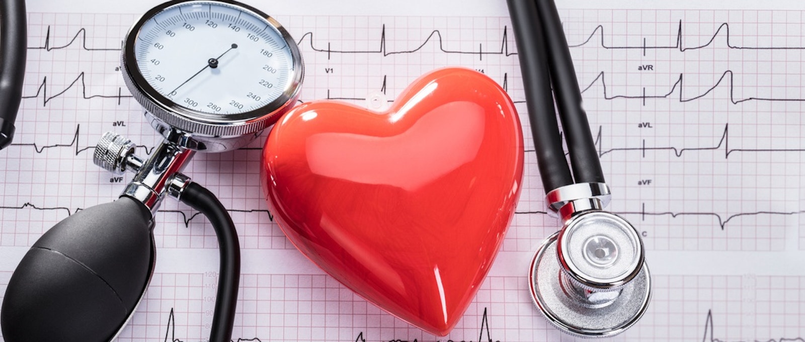 Cardiogram Of Heart Beat With Stethoscope, Sphygmomanometer And Heart