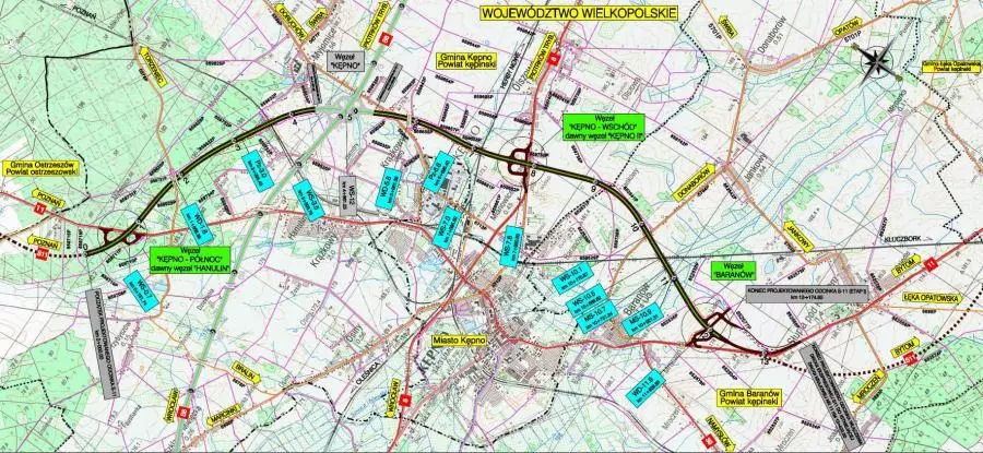 Mapa przebiegu obwodnicy Kępna w ciągu drogi ekspresowej S11