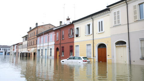 A view shows a flooded street after heavy rains in Lugo, Italy on May 19, 2023.