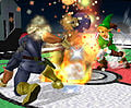 Throwing a bomb at Captain Falcon on Pokémon Stadium.