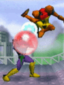 Captain Falcon shown angling his shield upward in Smash 64 to block an incoming attack from Samus.