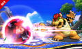 Mario puts up his shield to block Bowser's attack.