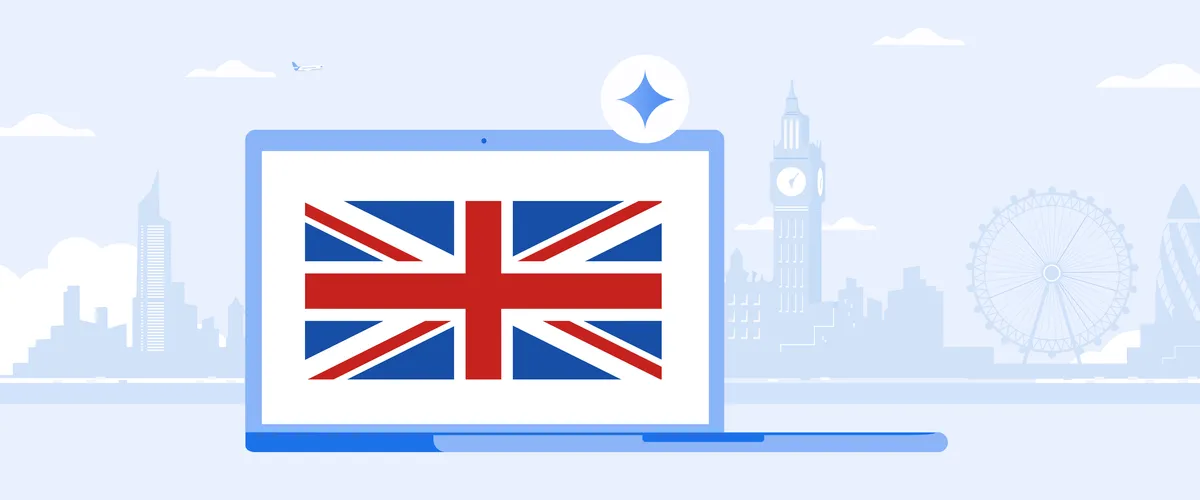 An illustration showing the London skyline in the background with a laptop in the foreground. There is a British flag screensaver on the open laptop screen.