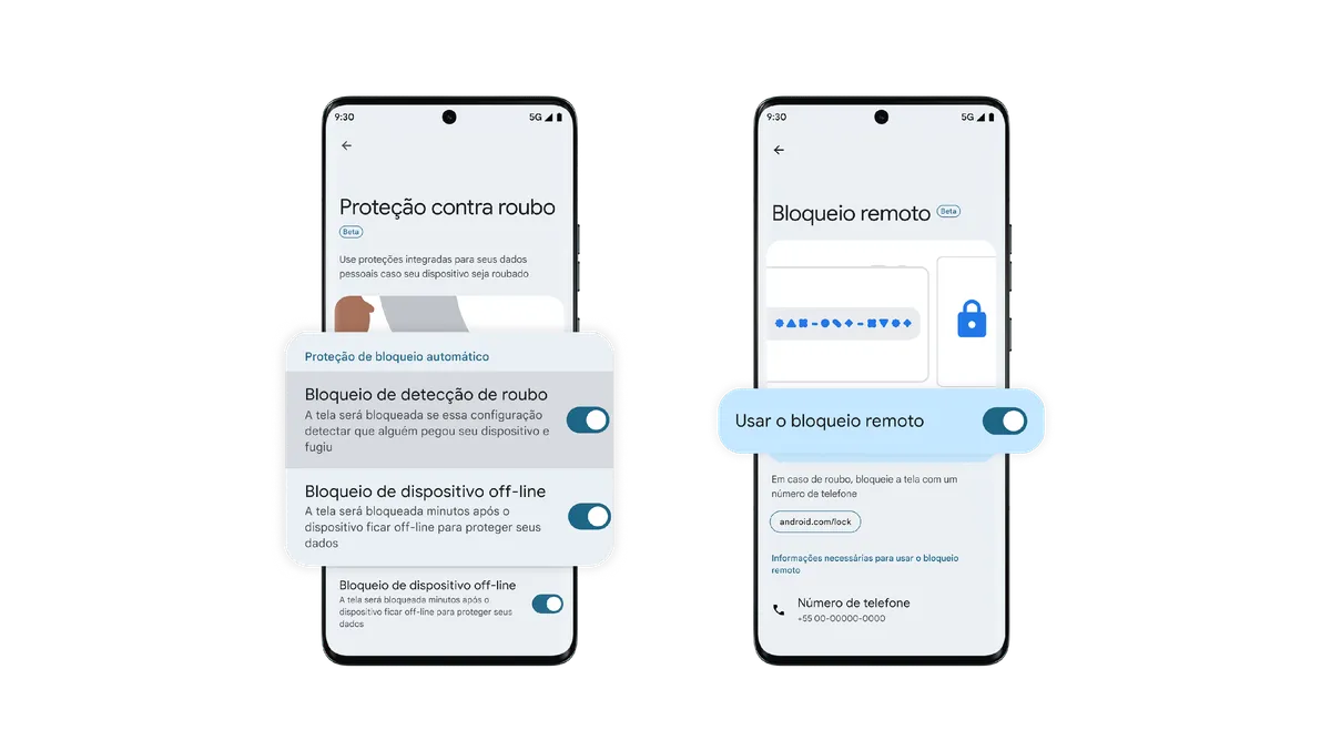 dois celulares mostrando as opções ativadas dos recursos de bloqueio de detecção roubo, bloqueio remoto e bloqueio de dispotivio offline