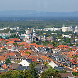 A view from tower Hochzeitsturm to Hundertwasser building Waldspirale Darmstadt