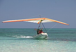 Ultralight trike fixed to an inflatable dingy.