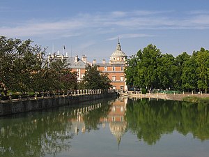 Royal Palace of Aranjuez (Spain) with river Tagus seen from the Boats' Bridge