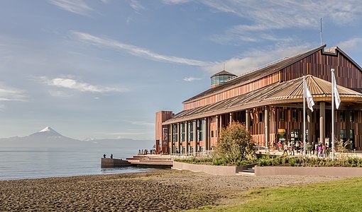 Theatro del Lago in Frutillar (Chile) on Lake Llanquihue with the volcano Osorno in the background