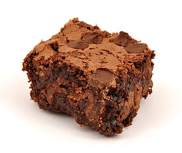 A photograph of a homemade chocolate brownie.