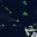 Nevis and neighbouring Leeward Islands during the 2002 volcanic eruption in Montserrat (centre). Top to bottom on left are: St. Eustatius, Saint Kitts, Nevis. On the right are: Barbuda, Antigua, Guadeloupe