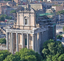 Temple of Antoninus and Faustina, with the church of San Lorenzo in Miranda, view from Palatine Hill