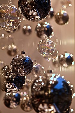 Refraction of light, with reflections of the sky and street in Christmas baubles