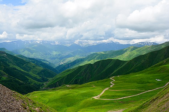 Datvisjvari — pass in Georgia, in Mtskheta-Mtianeti region, in Dusheti municipality. Located at the main watershed ridge of the Caucasus, 2676 m above sea level. It is made up of jurassic clays. Alpine meadows are decorated. Photographer: Anri137