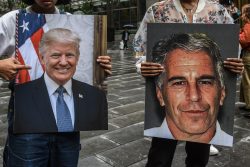 NEW YORK, NY - JULY 08: A protest group called "Hot Mess" hold up signs of Jeffrey Epstein and President Donald Trump in front of the Federal courthouse on July 8, 2019 in New York City. According to reports, Epstein will be charged with one count of sex trafficking of minors and one count of conspiracy to engage in sex trafficking of minors. (Photo by Stephanie Keith/Getty Images)