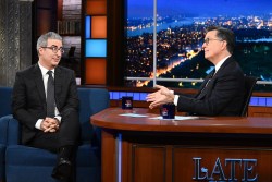 The Late Show with Stephen Colbert and guest John Oliver during Monday’s November 4, 2024 show. Photo: Scott Kowalchyk/CBS ©2024 CBS Broadcasting Inc. All Rights Reserved.