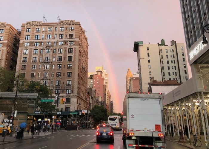 A rainbow over 72nd Street on the Upper West Side.