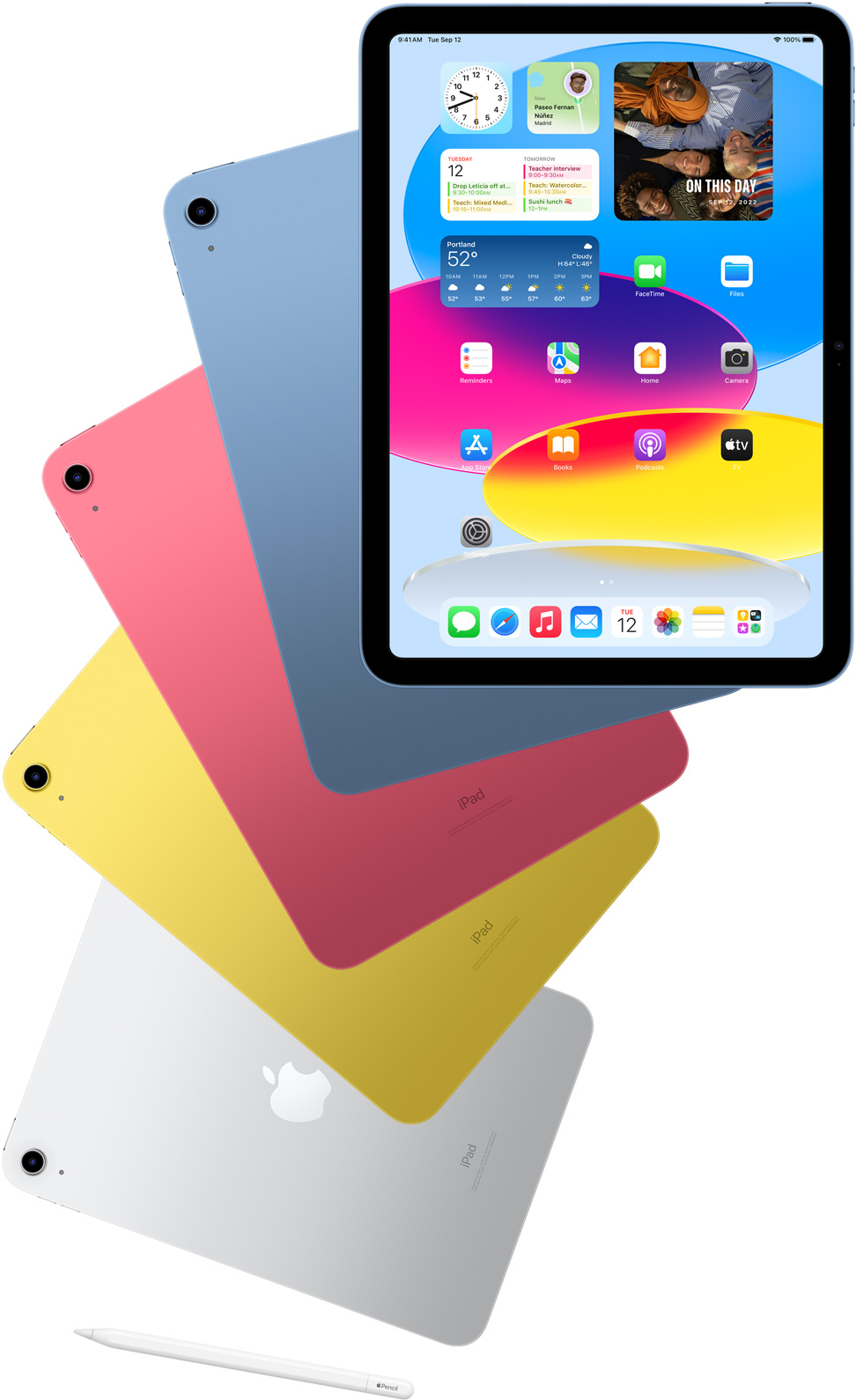 Front view iPad shows the home screen with blue, pink, yellow, and silver rear-facing iPads. An Apple Pencil sits nears the arranged iPad models.