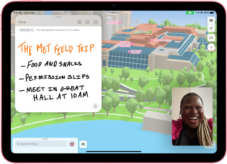 QuickNote in Maps with a FaceTime thumbnail on iPad.