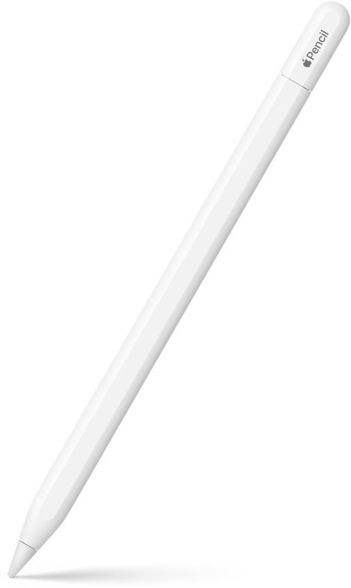 Ein Apple Pencil USB‑C, schräg nach oben gerichtet mit der Spitze nach unten. Das obere Ende ist gerundet und zeigt, wo sich der Apple Pencil aufschieben lässt, um ein USB‑C Kabel anzuschliessen. Ein Apple Logo und der Name des Produkts oben. Unten wird ein Schatteneffekt gezeigt.