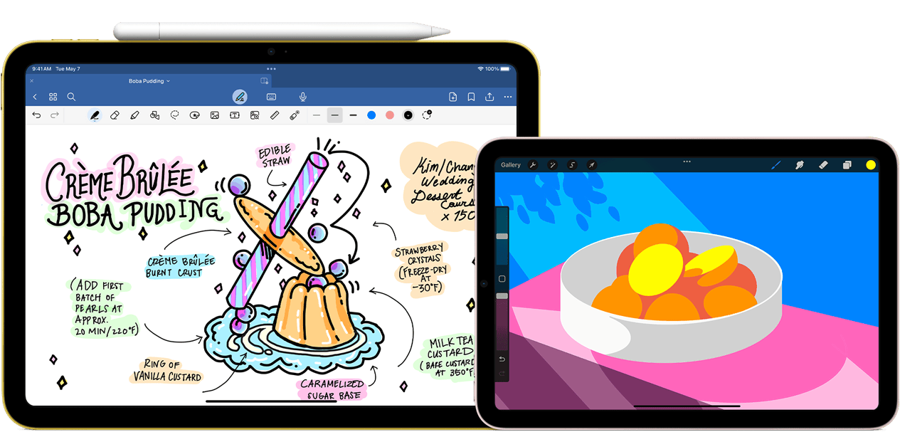 Links ein iPad 10. Generation im Querformat, auf dem Display eine Grafik mit Notizen und einer Zeichnung, mit oben haftendem Apple Pencil USB‑C. Rechts ein iPad mini im Querformat mit einer farbigen Illustration, die in ProCreate erstellt wurde.