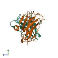 PDB entry 1dl7 coloured by chain, side view.