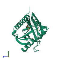 PDB entry 1em2 coloured by chain, side view.