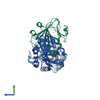 PDB entry 2jij coloured by chain, side view.