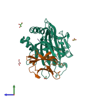 PDB entry 2rfx coloured by chain, side view.