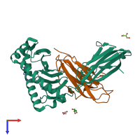 PDB entry 2rfx coloured by chain, top view.