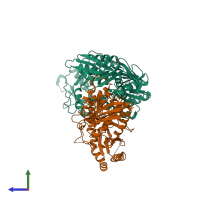 PDB entry 3dlk coloured by chain, side view.