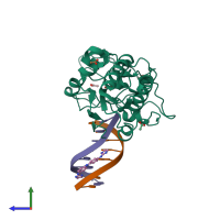 PDB entry 3fsi coloured by chain, side view.