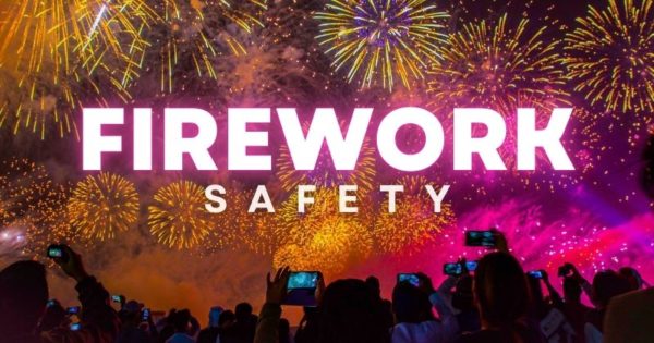 Fireworks in the sky with people watching with the text Firework Safety