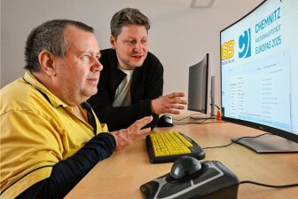 Mike Riedel (l.)muss zoomen, um zu schreiben und zu lesen. Gemeinsam mit Ronny Pflugbeil lernt er den Umgang am Computer.