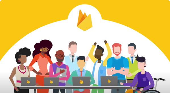 Firebase 로고가 상단에 있고 열린 노트북이 있는 책상 주위의 사람과 휠체어를 타고 있는 사람 이미지 삽화