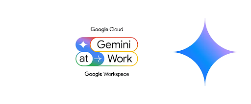 Text reads "Google Cloud, Gemini at Work, Google Workspace" surrounded by product images of Gemini and AI