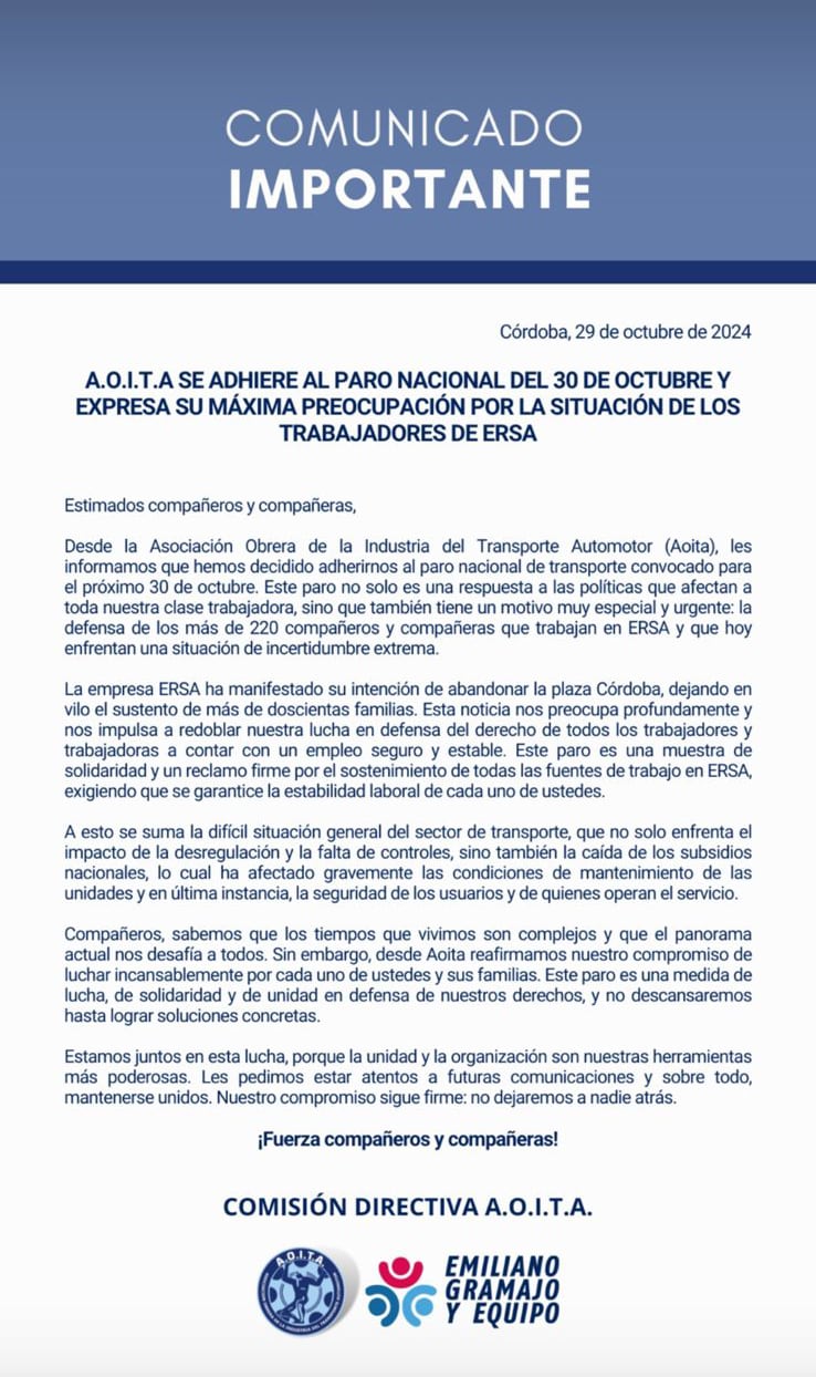 El comunicado de Aoita por el paro de transporte de este miércoles 30 de octubre.