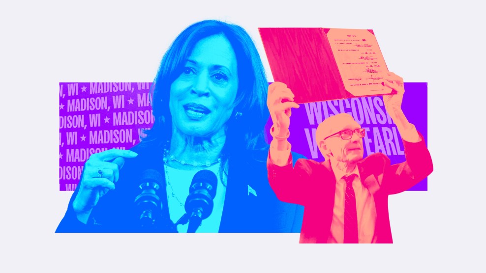 Two figures against a vibrant background with contrasting colors. On the left is Kamala Harris, appearing in a blue tone, speaking into a microphone. The backdrop behind her says “MADISON, WI” repeatedly in a bold, purple font. On the right is a man, displayed in a pinkish-red hue, holding up a document with both hands.