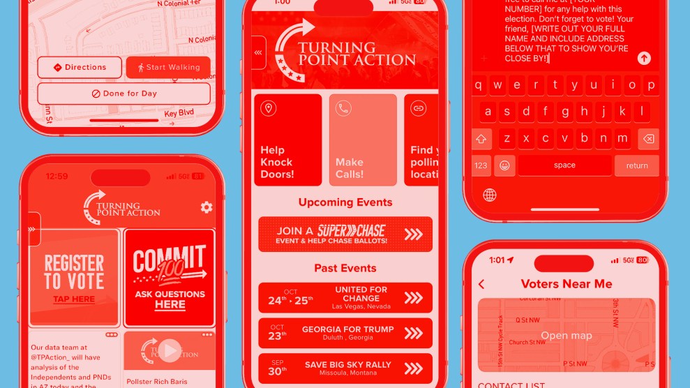 Screenshots from the Turning Points app, some of which reads "Voters Near Me" above a map. Another screenshot reads "Help Knock Doors!" and "Make Calls!" Also, there's one that reads, "Join a Super Chase Event & Help Chase Ballots!"