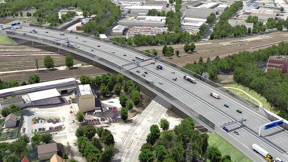 Die Computergrafik zeigt, wie die verbreiterte Langenfelder Brücke in Hamburg aussehen soll.  