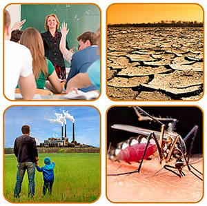 teacher standing in front of students, scorched earth, man and child looking at smokestacks, mosquito