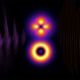  Artistic illustration of how a train of attosecond pulses (blue) and a IR-laser pulse (red)